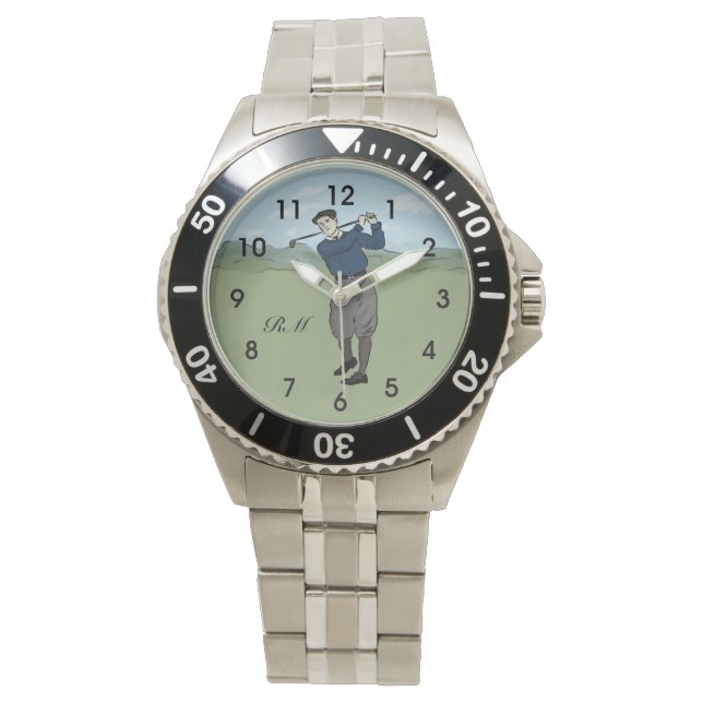 Monogrammed Vintage Style golf art Watch (Front)