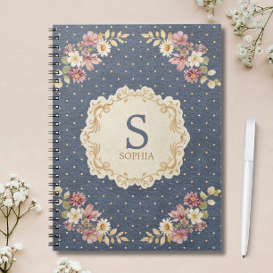 Monogrammed Vintage Whimsical Flowers Navy Blue Notebook
