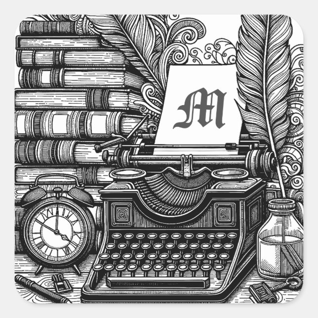Monogrammed Vintage Writer's Theme Colour Me Square Sticker (Front)