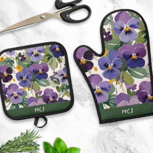 Monogrammed Violet Flowers Pretty Floral Patterned Oven Mitt & Pot Holder Set