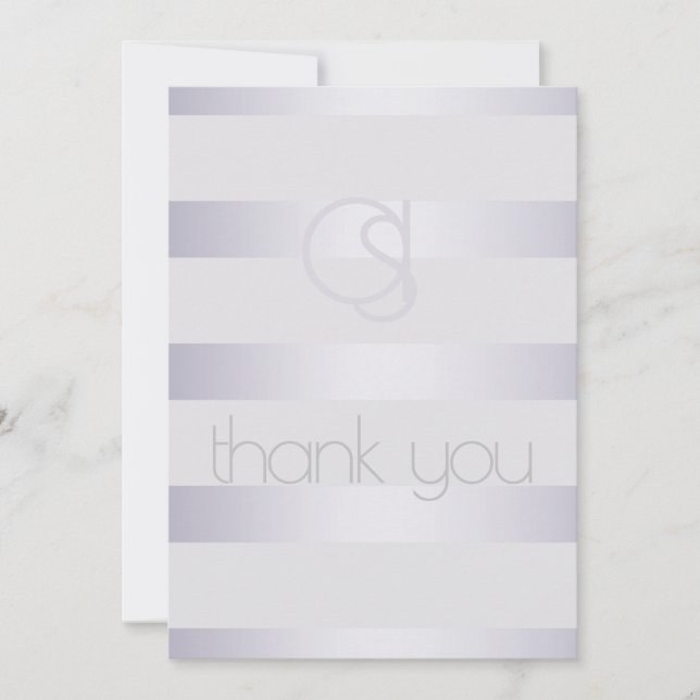 Monogrammed Violet Silvery Shimmer Stripes Thank You Card (Front)