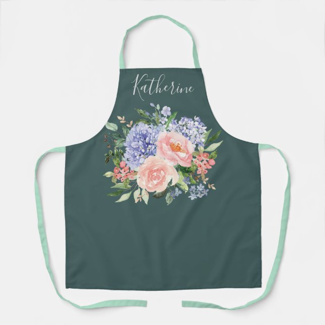 Monogrammed Watercolor Blue Pink Spring Floral Apron (Front)