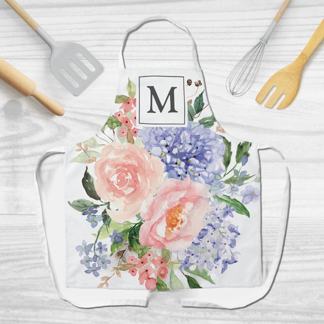 Monogrammed Watercolor Blue Pink Spring Floral Apron (Close up)