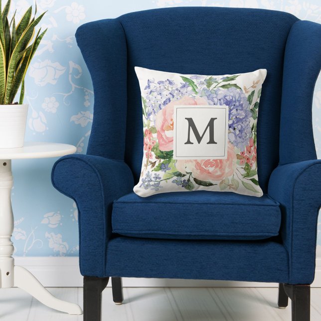 Monogrammed Watercolor Blue Pink Spring Floral Cushion (Creator Uploaded)