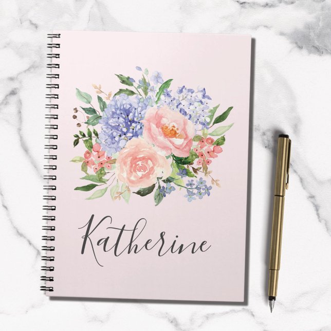 Monogrammed Watercolor Blue Pink Spring Floral Notebook (In situ)