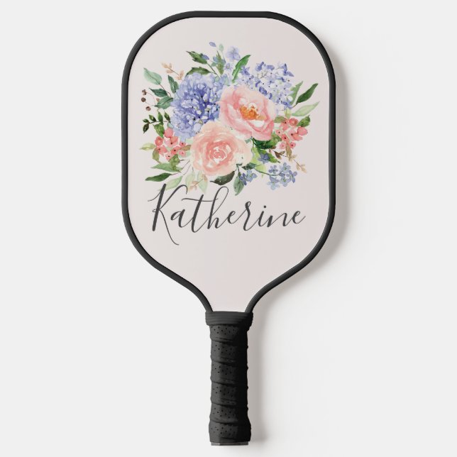 Monogrammed Watercolor Blue Pink Spring Floral Pickleball Paddle (Front)
