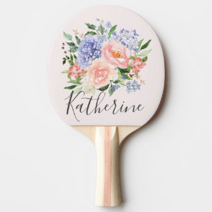 Monogrammed Watercolor Blue Pink Spring Floral Ping Pong Paddle