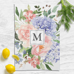 Monogrammed Watercolor Blue Pink Spring Floral Tea Towel