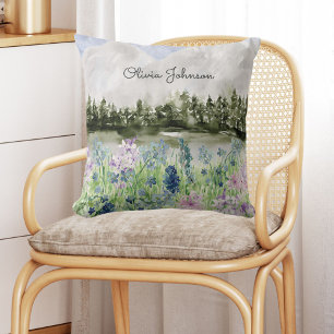 Monogrammed Watercolor Blue Purple Flower Meadow Cushion