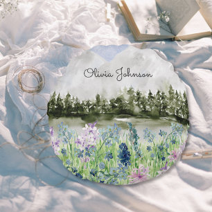 Monogrammed Watercolor Blue Purple Flower Meadow Round Cushion