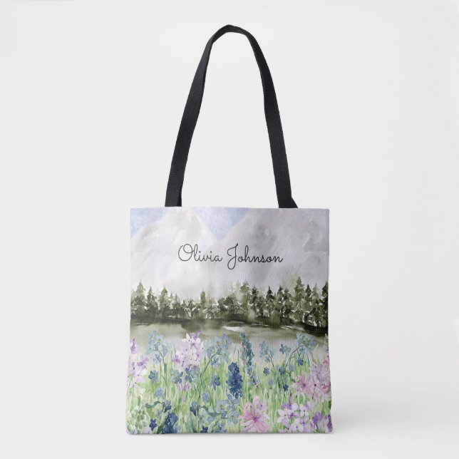 Monogrammed Watercolor Blue Purple Flower Meadow Tote Bag (Front)