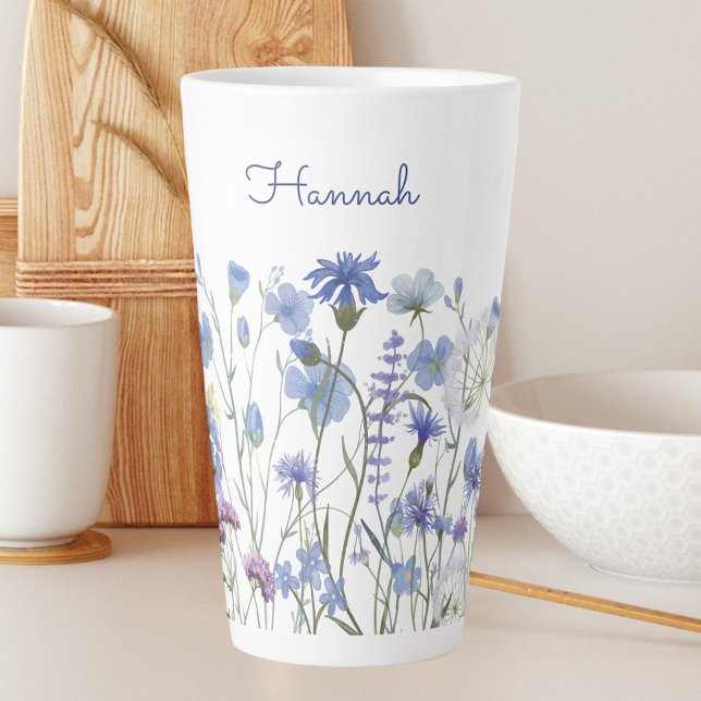 Monogrammed Watercolor Blue Wildflower Meadow Latte Mug (In situ)