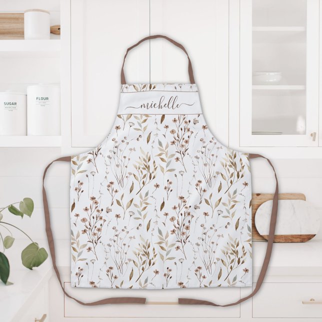 Monogrammed Watercolor Brown Wildflowers Leaves Apron (In situ)