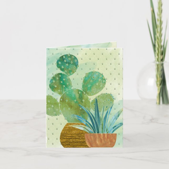 Monogrammed Watercolor Cactus Everyday Greeting Card (Front)