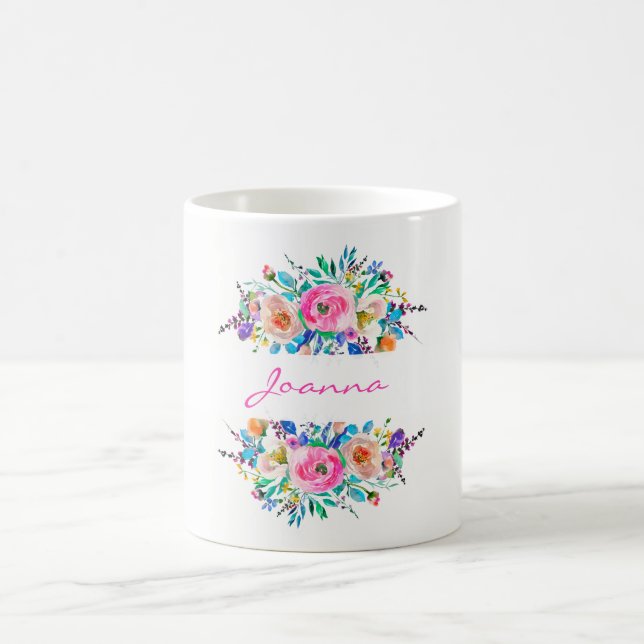 Monogrammed Watercolor Colourful Flowers Coffee Mug (Center)