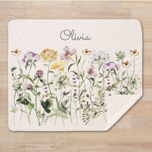 Monogrammed Watercolor Colourful Wildflower Garden Sherpa Blanket