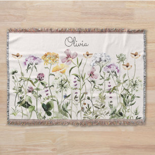 Monogrammed Watercolor Colourful Wildflower Garden Throw Blanket