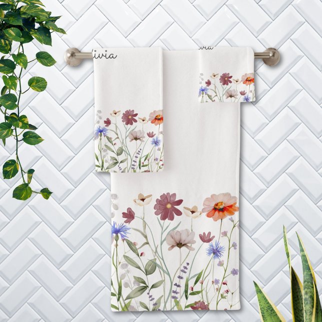 Monogrammed Watercolor Colourful Wildflower Meadow Bath Towel Set (In situ)