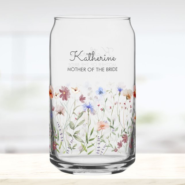 Monogrammed Watercolor Colourful Wildflower Meadow Can Glass (Close up)