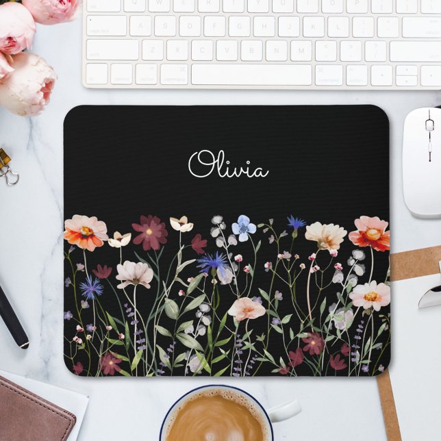 Monogrammed Watercolor Colourful Wildflower Meadow Mouse Mat (In situ)