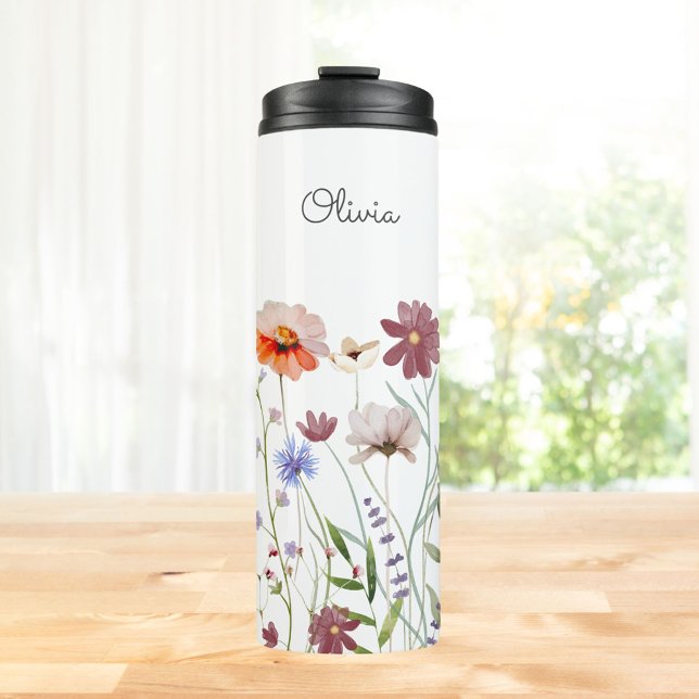 Monogrammed Watercolor Colourful Wildflower Meadow Thermal Tumbler (In situ)