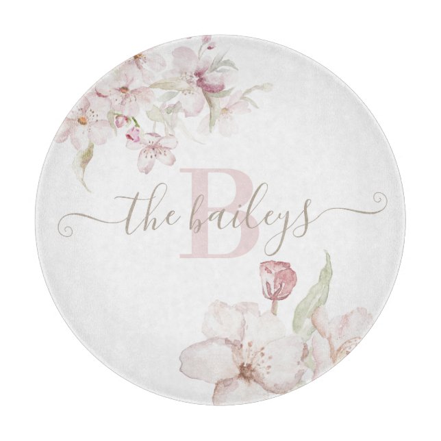 Monogrammed Watercolor Floral Cutting Board (Front)