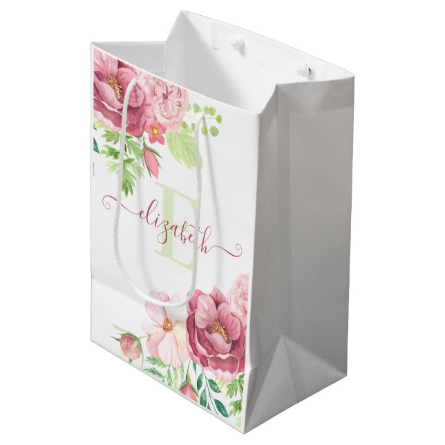 Monogrammed Watercolor Floral Gift Bag (Front Angled)