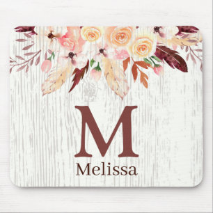 Monogrammed Watercolor Floral on Rustic White Wood Mouse Mat