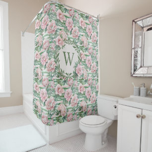 Monogrammed Watercolor Floral Peony Shower Curtain