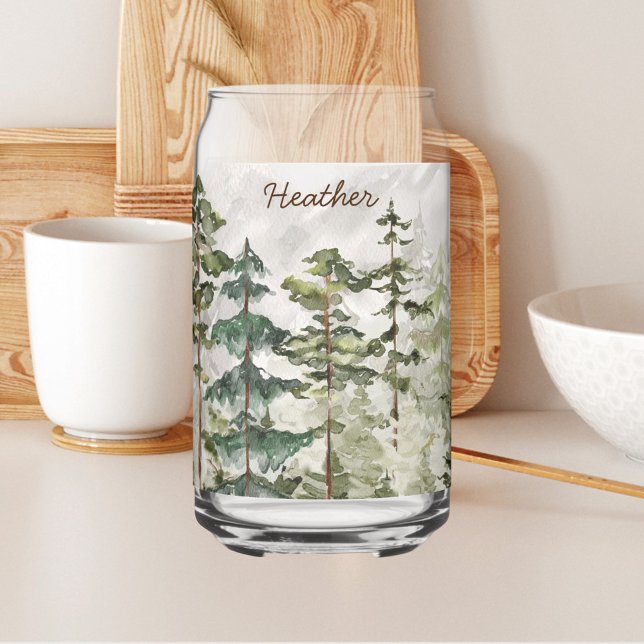 Monogrammed Watercolor Green Pine Forest Mountain Can Glass (In situ)