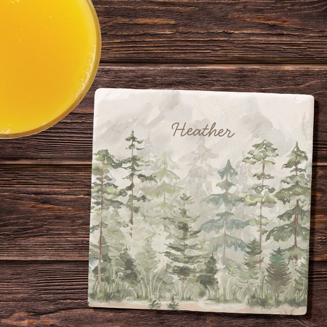 Monogrammed Watercolor Green Pine Forest Mountain Stone Coaster (In situ)