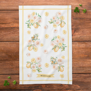 Monogrammed Watercolor Lemons and Flowers Tea Towel