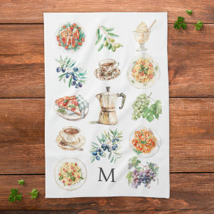 Monogrammed Watercolor Mediterranean foods Tea Towel