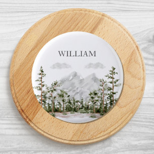 Monogrammed Watercolor Mountain and Forest 3 Cm Round Badge