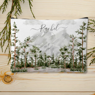 Monogrammed Watercolor Mountain and Forest Accessory Pouch