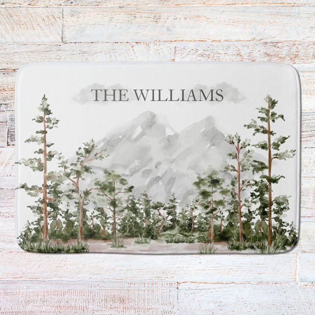 Monogrammed Watercolor Mountain and Forest Bath Mat (In situ)