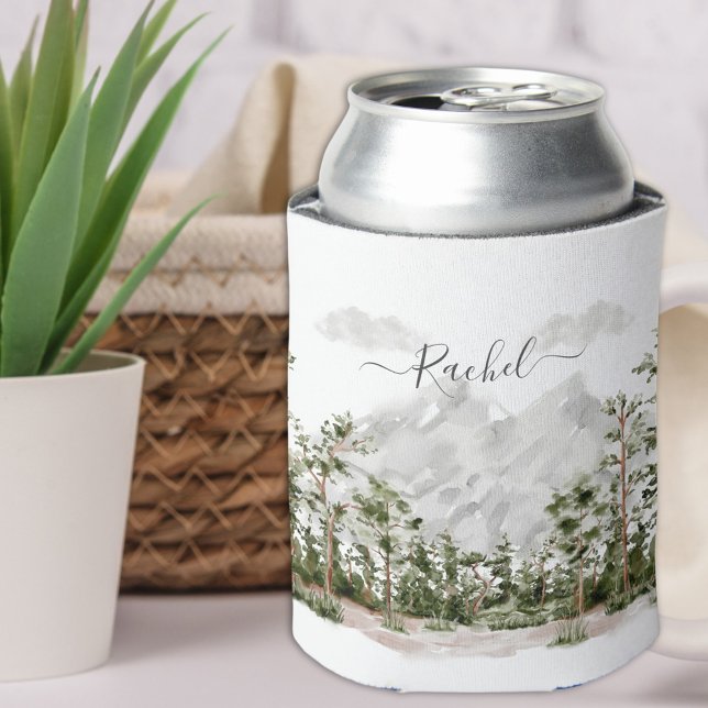 Monogrammed Watercolor Mountain and Forest Can Cooler (In situ)