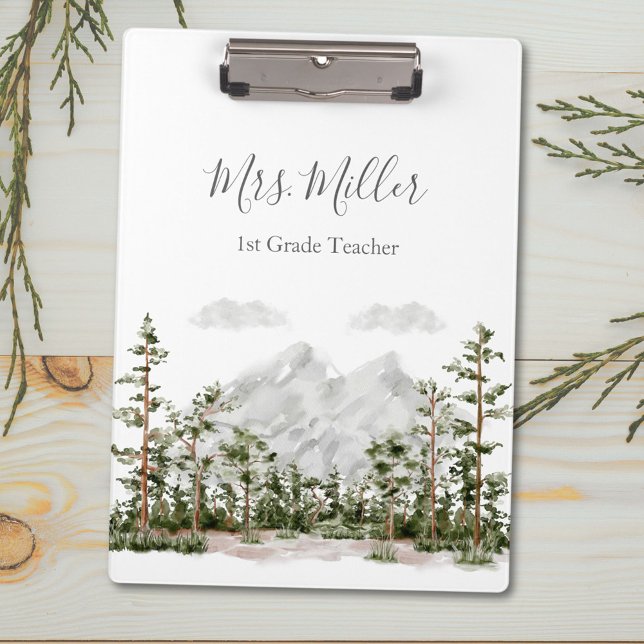 Monogrammed Watercolor Mountain and Forest Clipboard (Close up)
