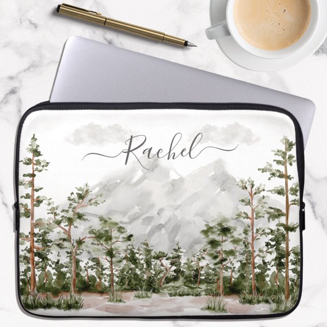 Monogrammed Watercolor Mountain and Forest Laptop Sleeve (In situ)