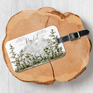 Monogrammed Watercolor Mountain and Forest Luggage Tag