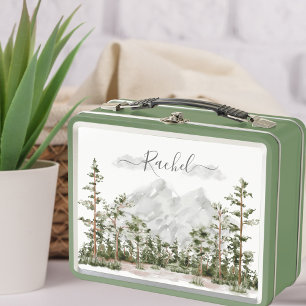 Monogrammed Watercolor Mountain and Forest Metal Lunch Box