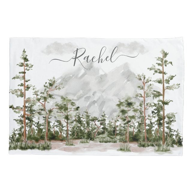 Monogrammed Watercolor Mountain and Forest Pillowcase (Back)