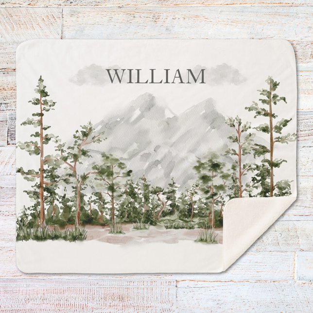 Monogrammed Watercolor Mountain and Forest Sherpa Blanket (Close up)