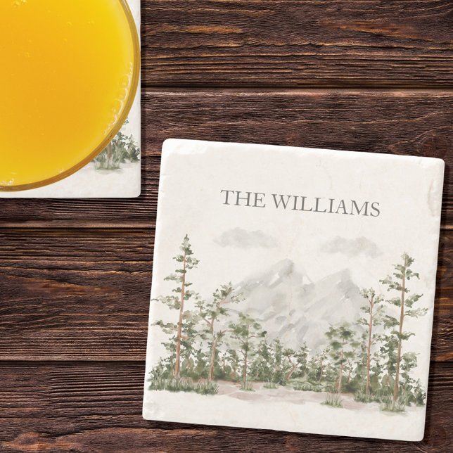 Monogrammed Watercolor Mountain and Forest Stone Coaster (In situ)