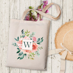 Monogrammed Watercolor Pink Rose and Peony Flowers Tote Bag
