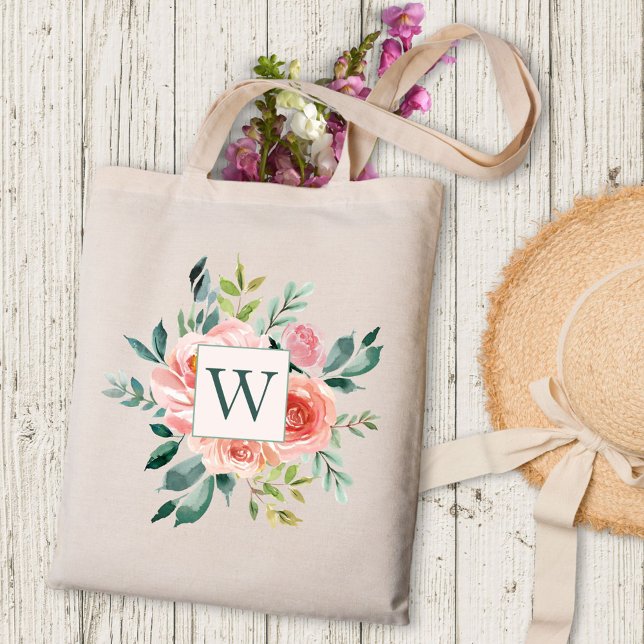 Monogrammed Watercolor Pink Rose and Peony Flowers Tote Bag (In situ)