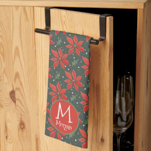 Monogrammed Watercolor Poinsettia Pattern Tea Towel