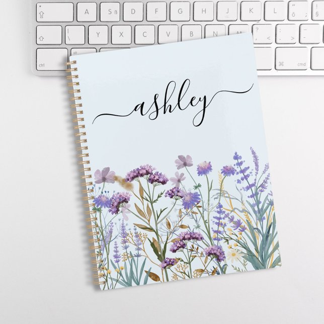 Monogrammed Watercolor Purple Wildflower Meadow Planner (In situ)