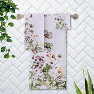 Monogrammed Watercolor Purple Wildflowers Bath Towel Set