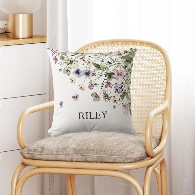 Monogrammed Watercolor Purple Wildflowers Cushion (In situ)